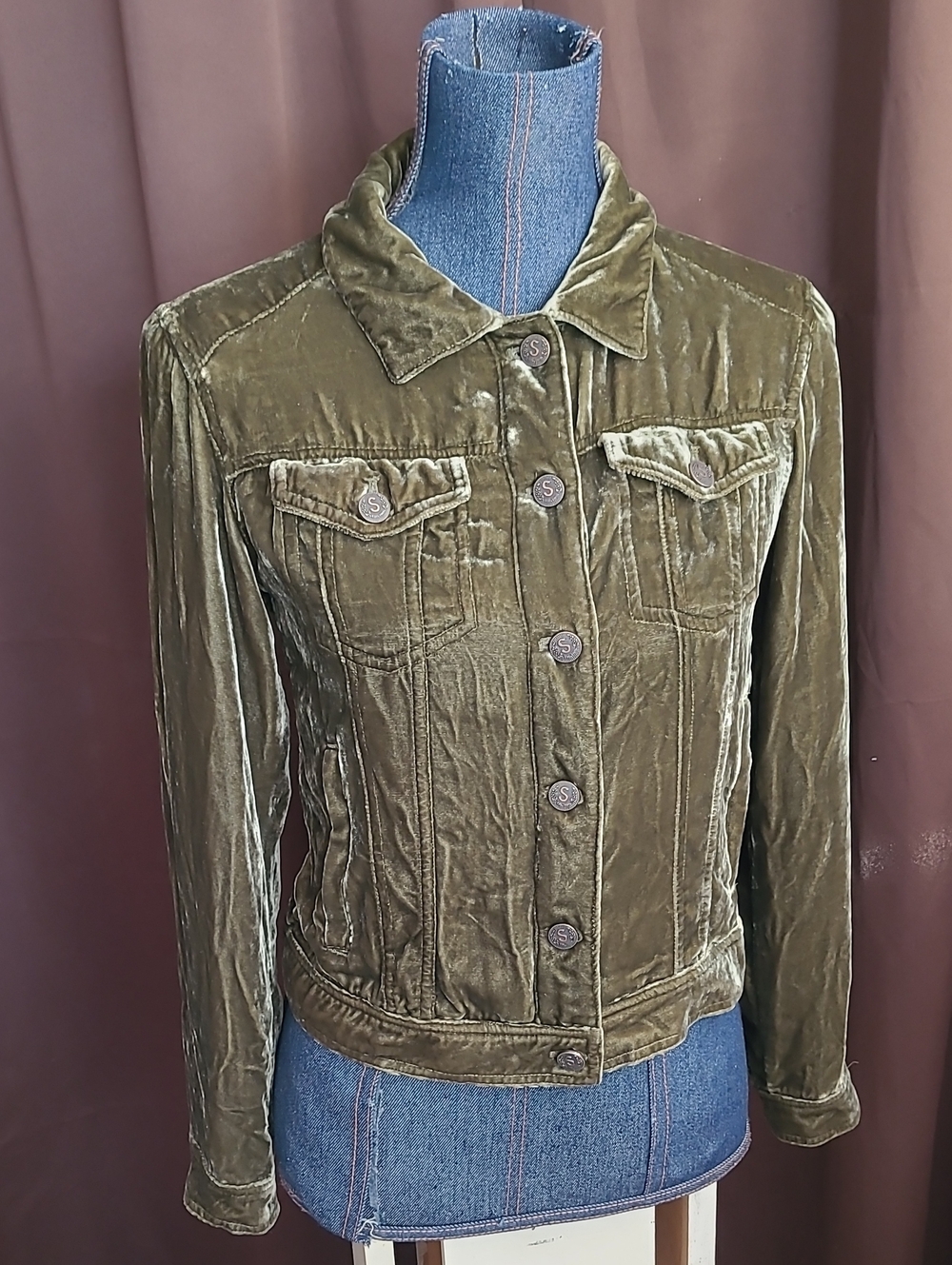 Warm Olive Velvet Button-Front Jean Jacket - Women